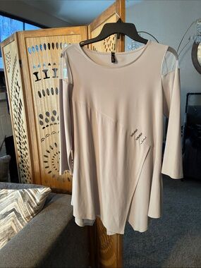 Connie Light Taupe A-Line Tunic with Sheer Shoulder Insets